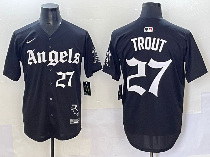 Men 2025 Los Angeles Angels #27 Trout Black Five generations Joint Name Nike MLB Jersey style 12->los angeles angels->MLB Jersey